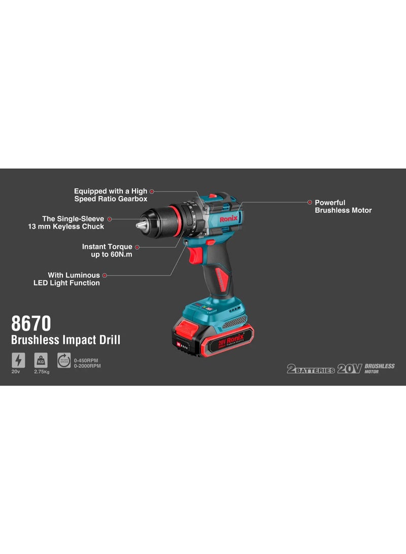 RONIX Cordless Impact Drill  (Brushless)  20V,  13m-60N.m #8670 - Image 4